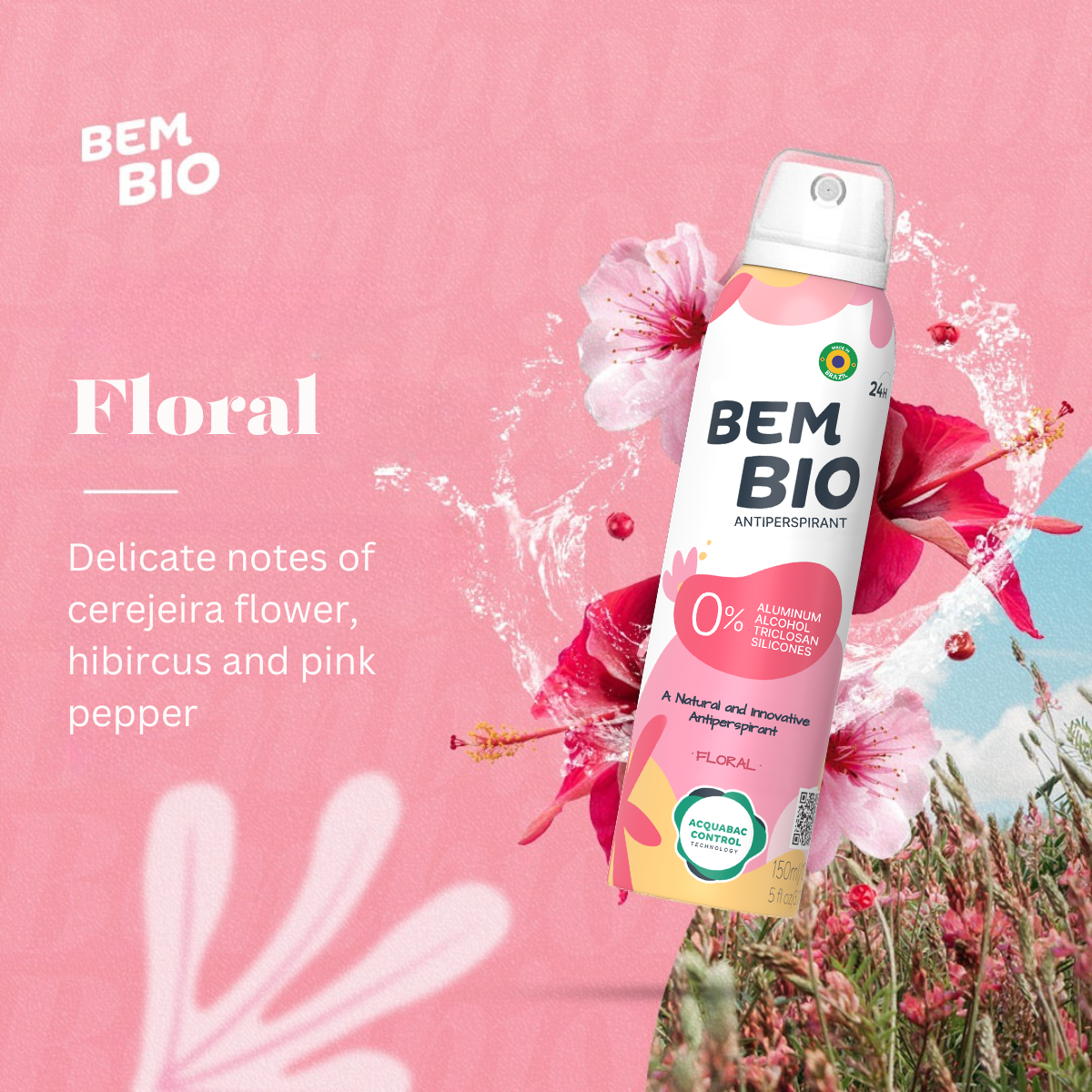 Bem Bio Floral Biotranspirant Deodorant Natural, Aluminum-Free, Vegan, 24-Hour Protection, 150ml (5.07 fl oz)