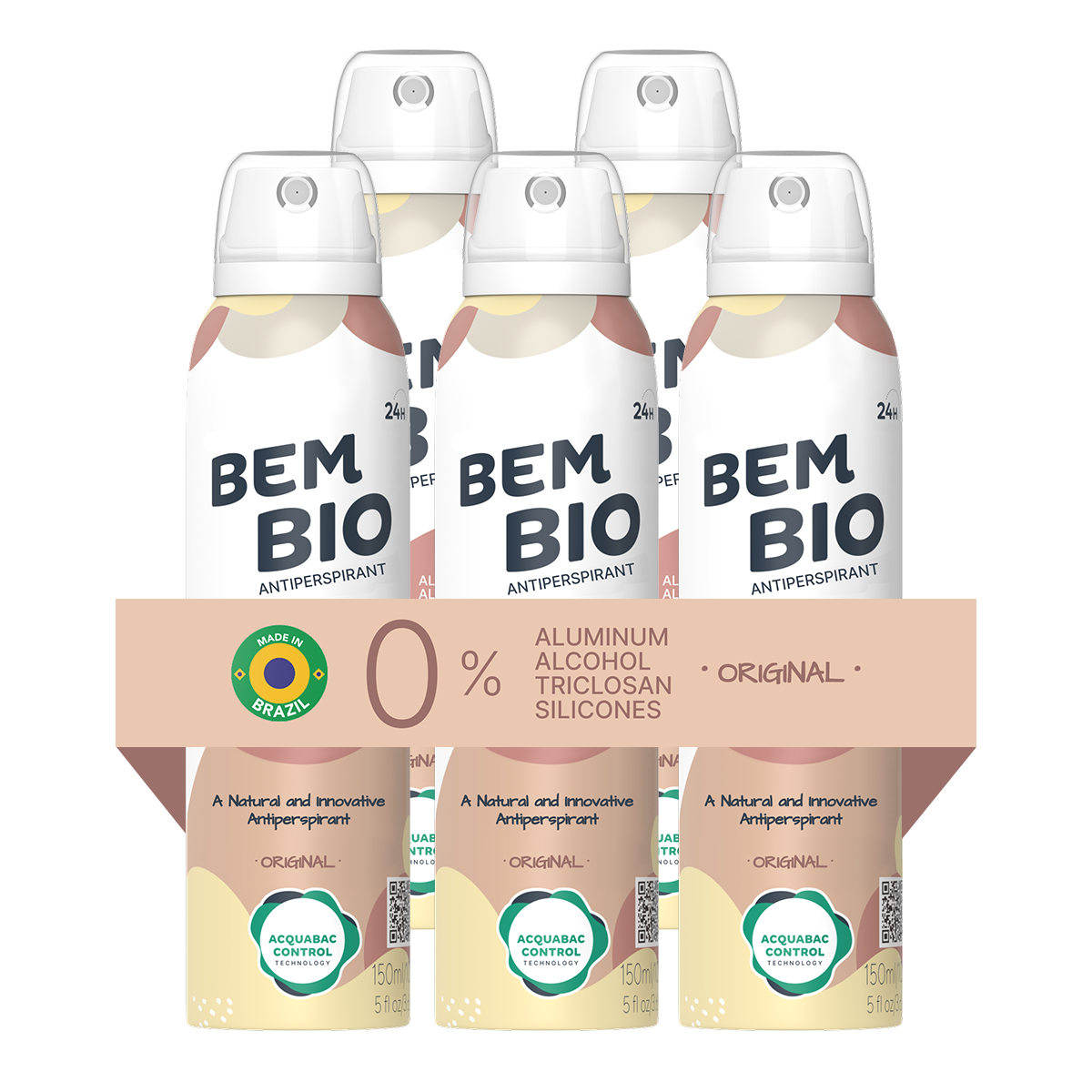 Bem Bio Original Biotranspirant Deodorant, Natural, Aluminum-Free, Vegan, 24-Hour Protection, 150ml (5.07 fl oz)