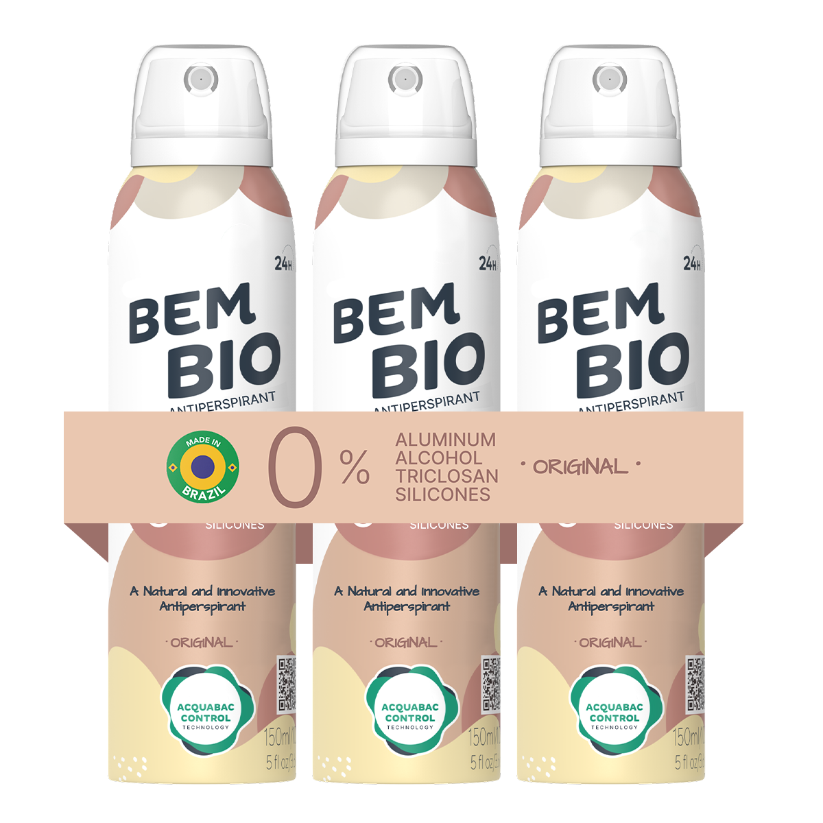 Bem Bio Original Biotranspirant Deodorant, Natural, Aluminum-Free, Vegan, 24-Hour Protection, 150ml (5.07 fl oz)