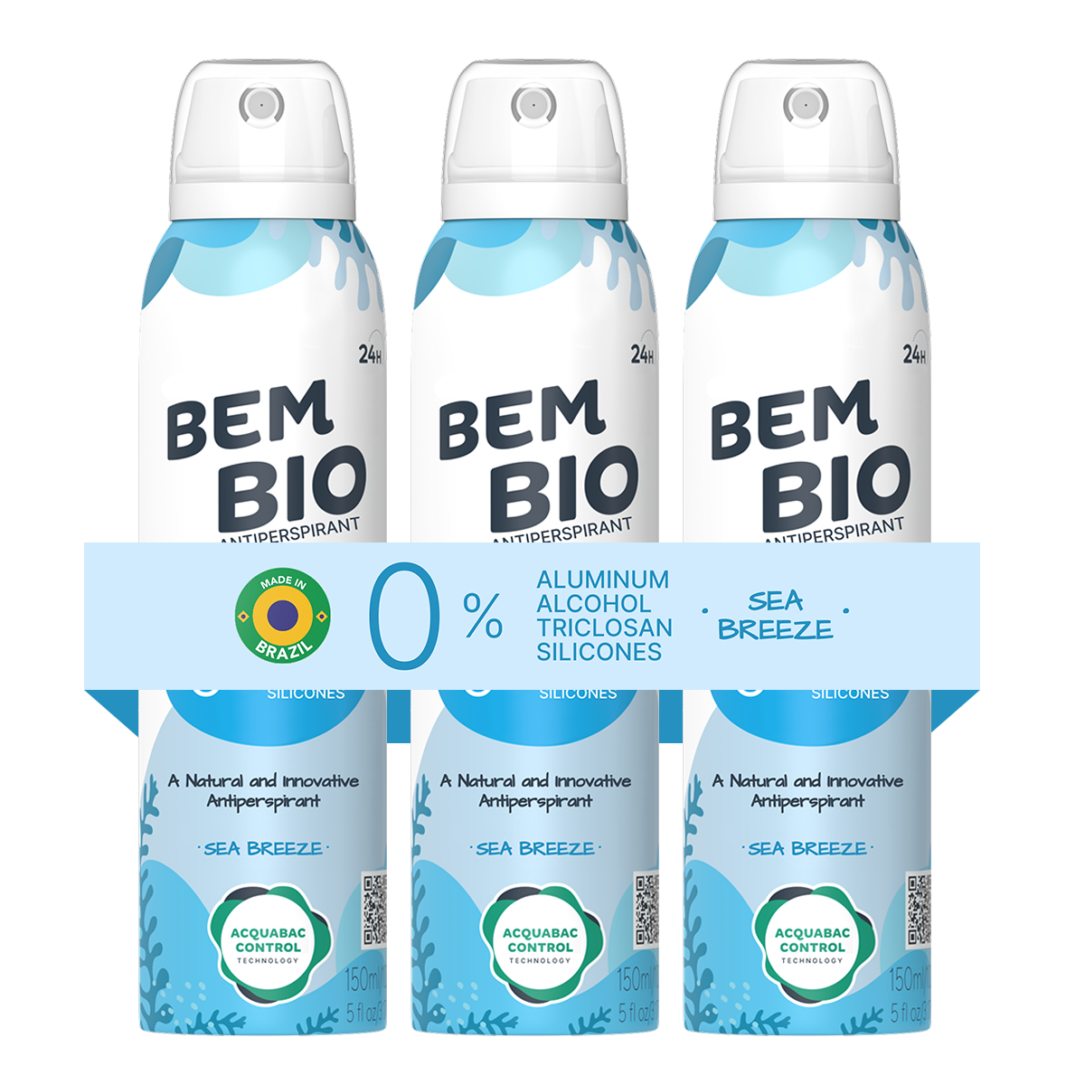 Bem Bio Sea Breeze Biotranspirant Deodorant Natural, Aluminum-Free, Vegan, 24-Hour Protection, 150ml (5.07 fl oz)