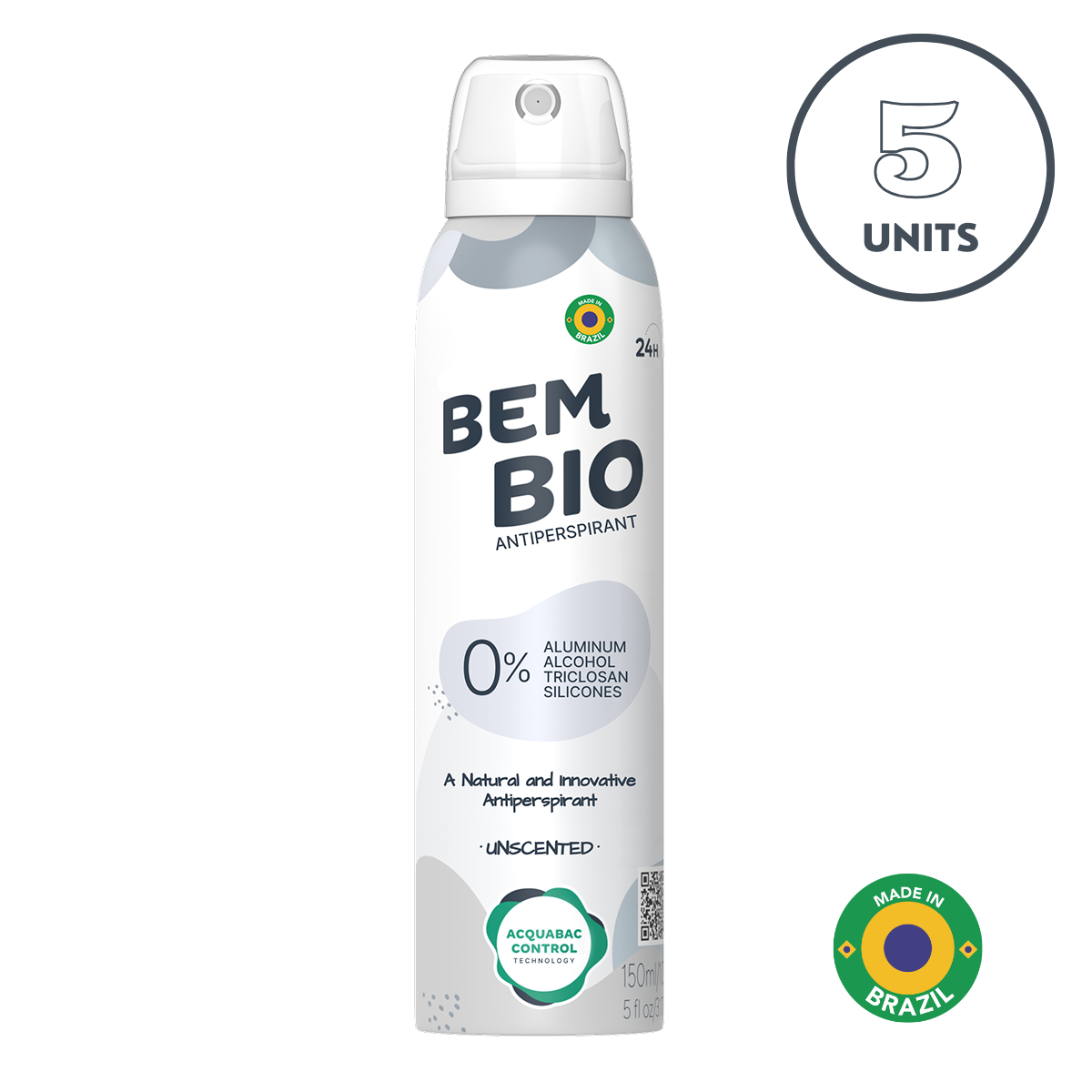 Bem Bio Unscented Biotranspirant Deodorant Natural, Aluminum-Free, Vegan, 24-Hour Protection, 150ml (5.07 fl oz)