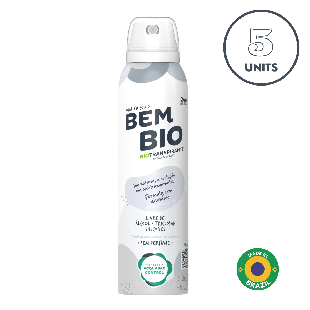 BemBio Unscented Biotranspirant Deodorant Natural, Aluminum-Free, Vegan, 24-Hour Protection, 150ml (5.07 fl oz)