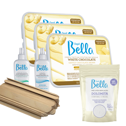 Bundle Depil Bella Hard Wax White Chocolate 28.2 Oz (3 Units) + 1 Pre & post Waxing 500 ml +1 Dolomita + 100 Wooden Spatulas-Waxing Kit & Supplies-DEPILBELLA