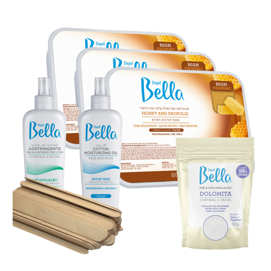 Bundle Depil Bella Hard wax Honey with propolis 28.2 Oz (3 und) + 1 Pre Waxing + 1 Post Waxing + 1 Dolomita + 100 Wooden Spatulas-HARDWAX-DEPILBELLA