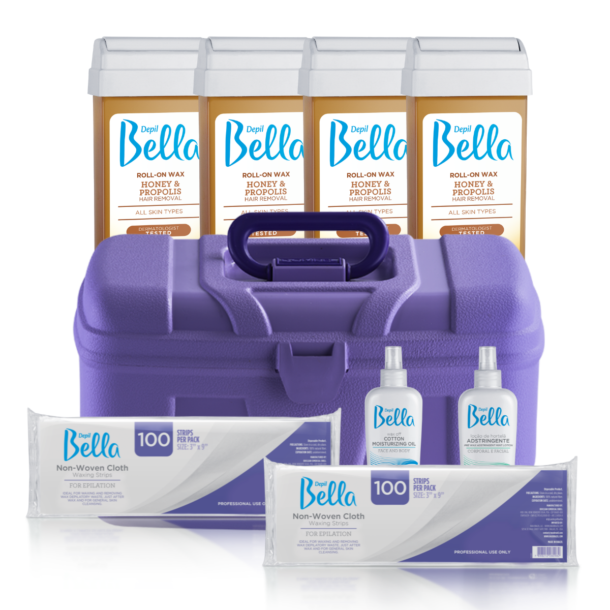 Depil Bella Bundle 200 Non Woven Cloths 4 Roll On Honey Wax Pre Wax Astringent Lotion Wax Off Moisturizing Oil and Purple Plastic Case