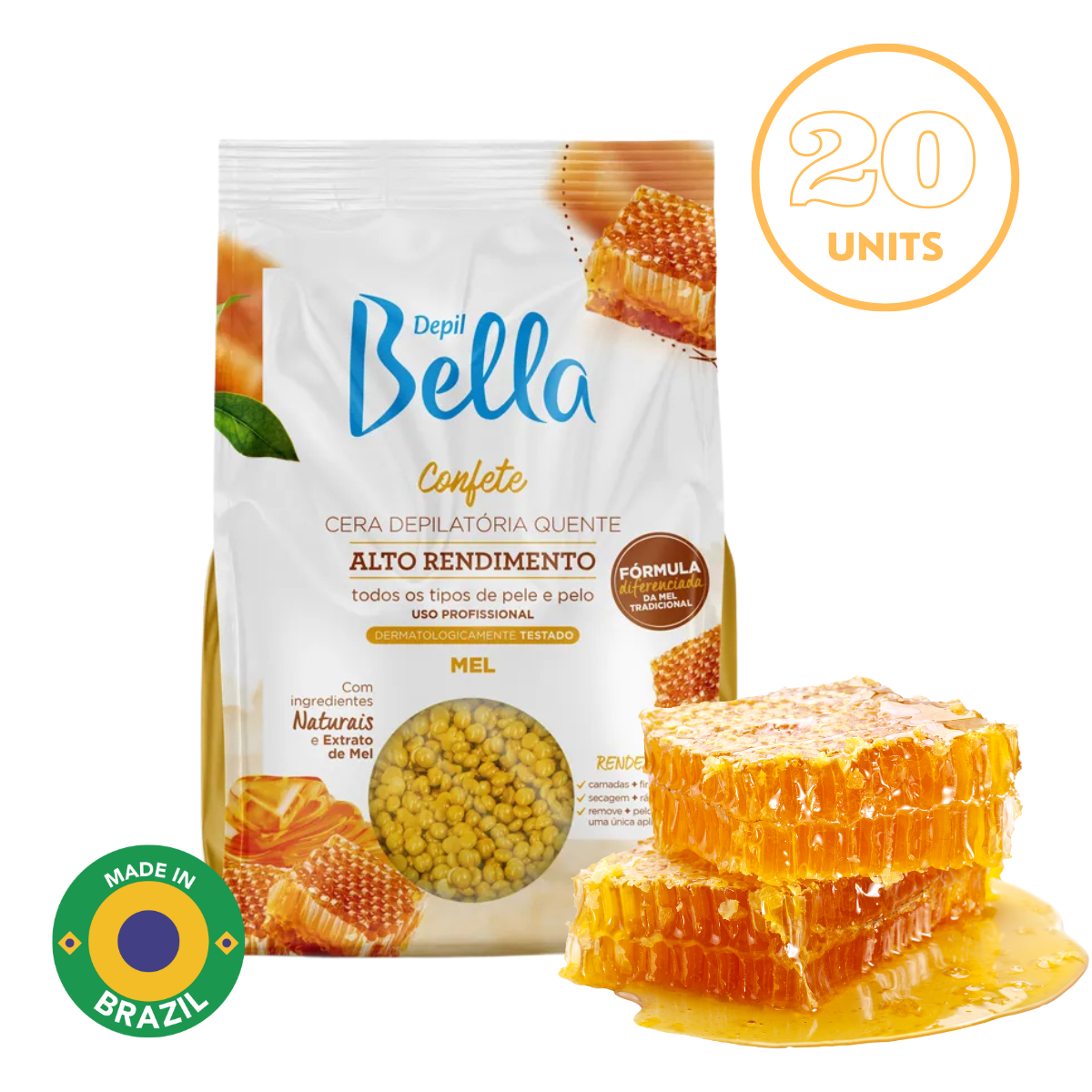 Depil Bella Hard Wax Beads Honey - Professional Hair Removal, 2.2 lbs (20 Units Offer)