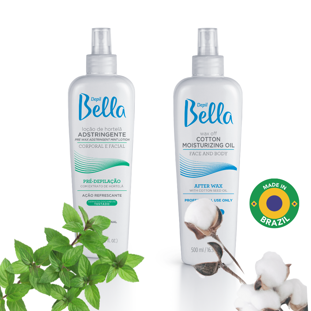 Depil Bella Waxing Bundle: Pre-Wax Astringent Lotion with Mint & Post-Wax Oil with Cotton Seed, 500ml Each