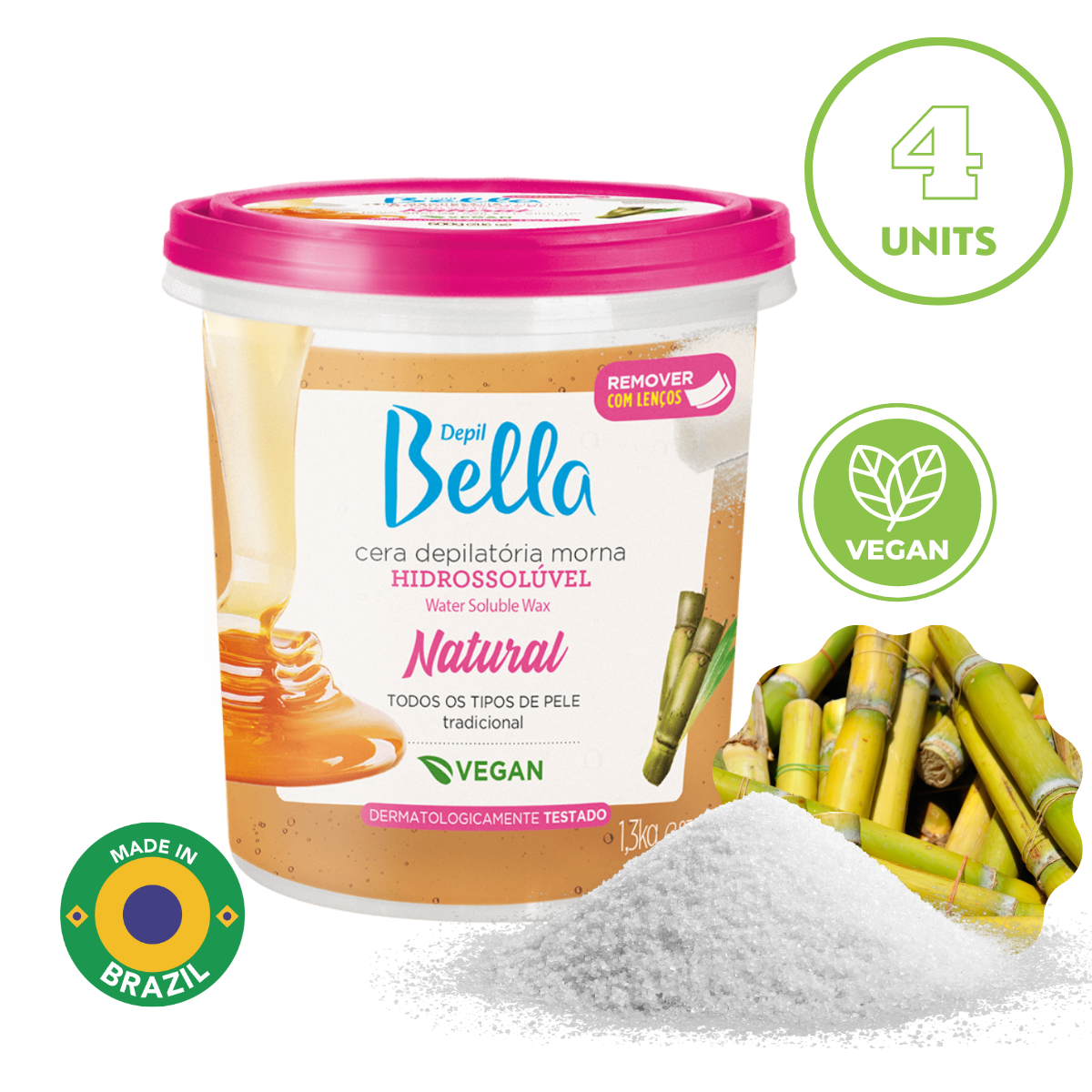 Depil Bella Full Body Sugar Wax, Natural Hair Remover, 1300g - Easy, Gentle & Effective (4 Units Offer)