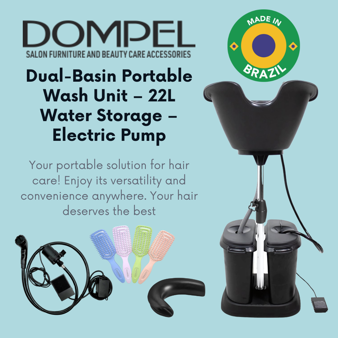 Dompel Dual-Basin Portable Wash Unit – 22L Water Storage with Electric Pump, 4 Hair Brushes & Headrest