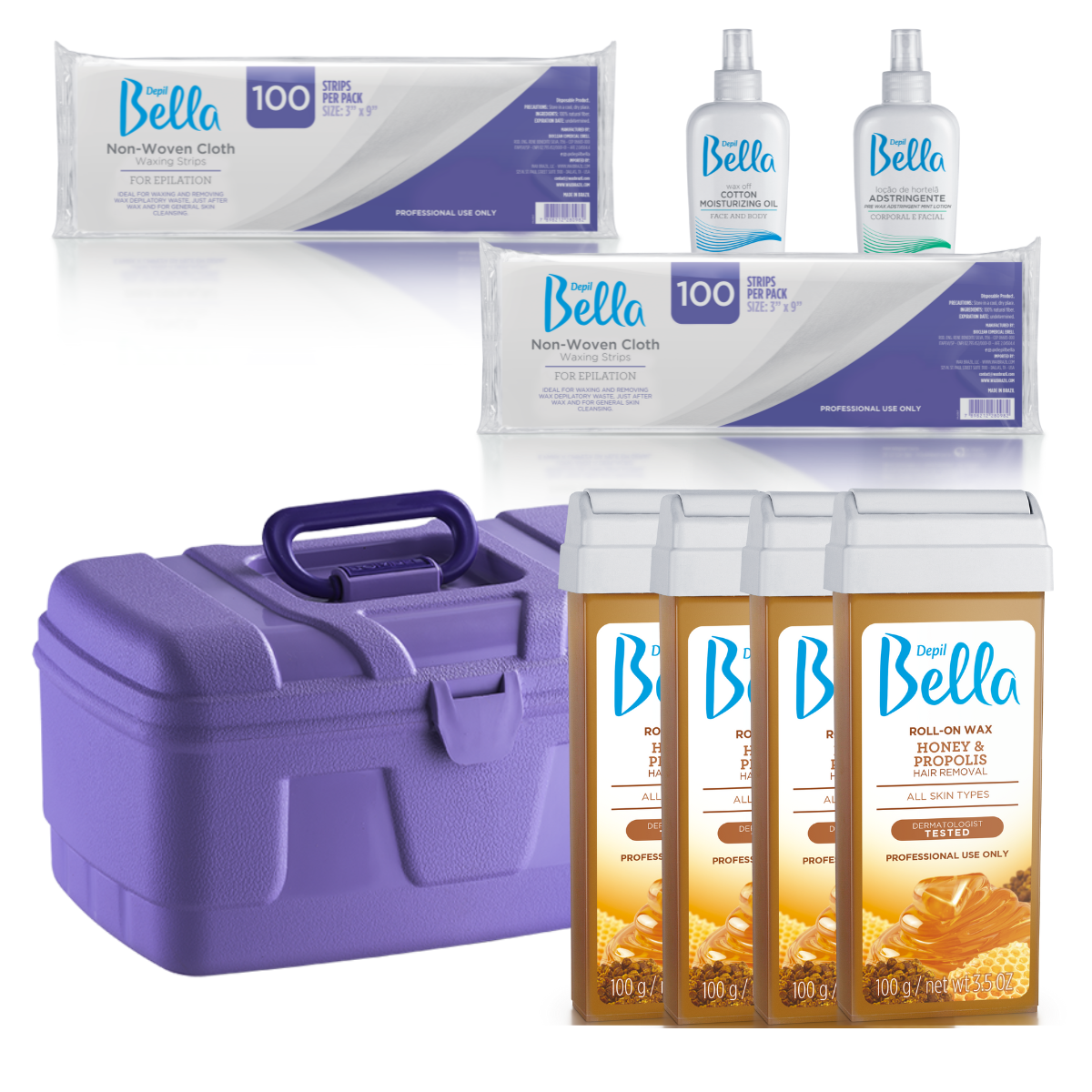 Depil Bella Bundle - 200 Non-Woven Cloths, 4 Roll-On Honey Wax, Pre-Wax Astringent Lotion, Wax-Off Moisturizing Oil, and Purple Plastic Case-SOFTWAX-DEPILBELLA