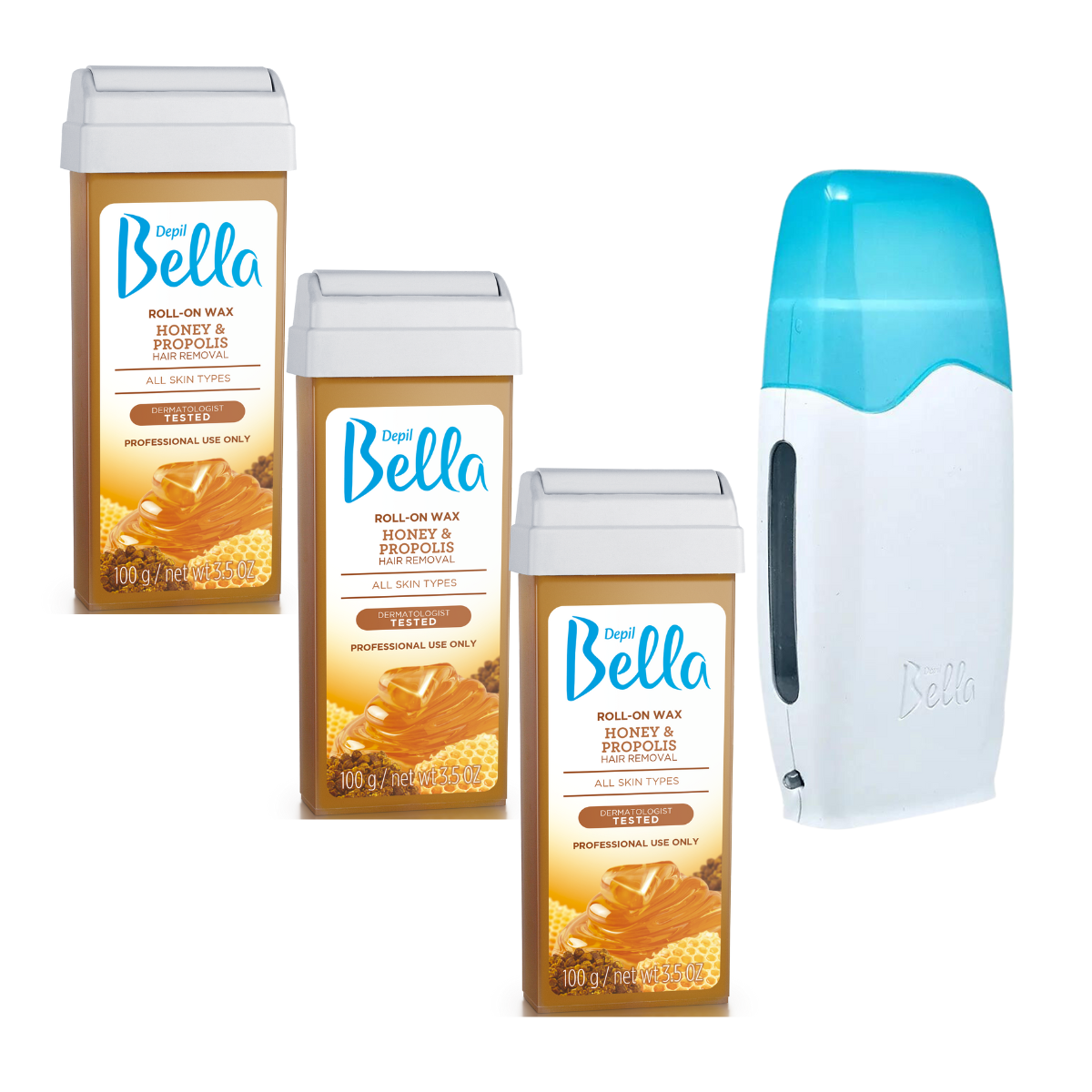 Depil Bella Hair Removal Bundle - Roll On Honey, Pre-Wax Astringent, Wax-Off Oil, Warmer, Non-Woven Cloths & Case-SOFTWAX-DEPILBELLA