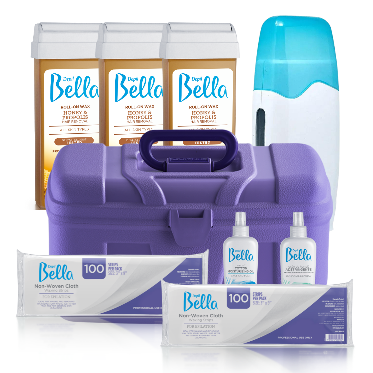 Depil Bella Hair Removal Bundle - Roll On Honey, Pre-Wax Astringent, Wax-Off Oil, Warmer, Non-Woven Cloths & Case-SOFTWAX-DEPILBELLA