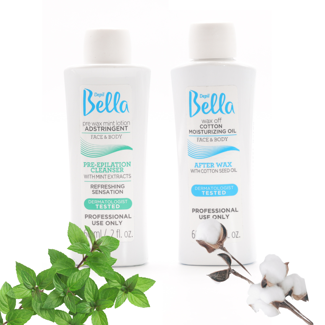 Depil Bella Waxing Bundle: Pre-Wax Astringent Lotion with Mint & Post-Wax Oil with Cotton Seed, 60 ml Each-LOTIONS-DEPILBELLA