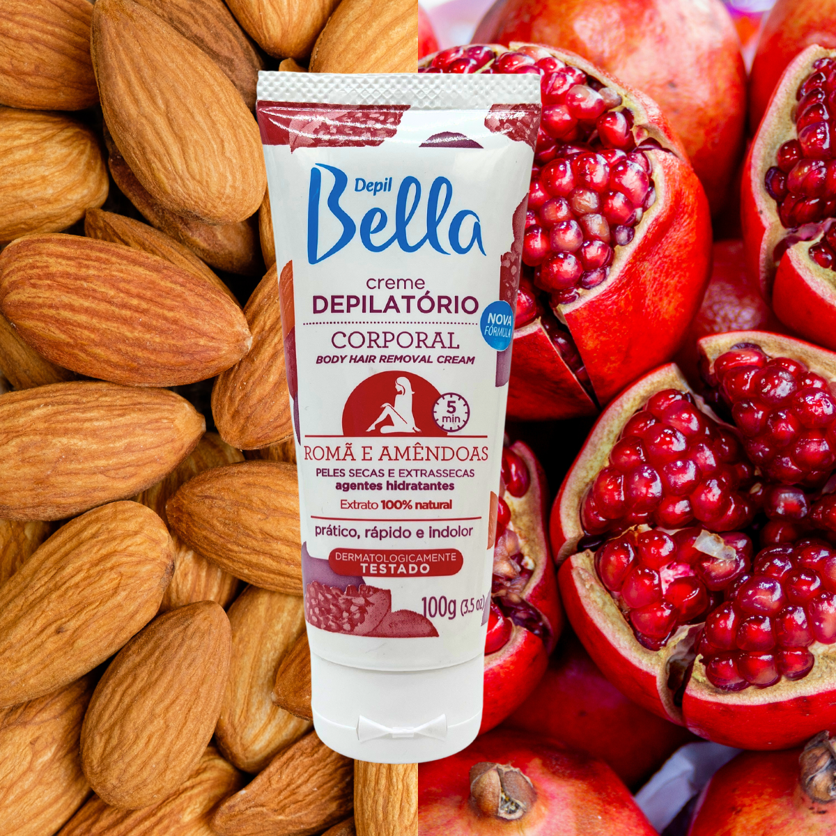 Depil Bella Pomegranate and Almond Hair Removal Cream - Nourishing Formula for Dry to Extra Dry Skin, Natural Extracts, Deodorant Action, 100g