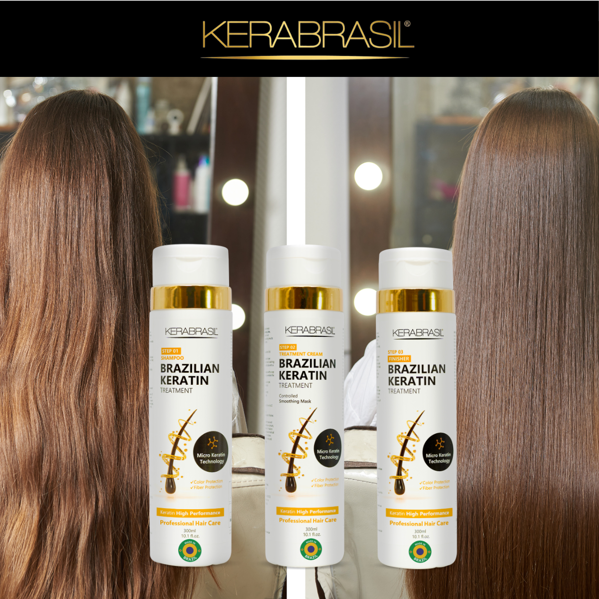 KERABRASIL Brazilian Keratin Hair Care Set - 300ml Shampoo, 300ml Treatment Cream, 300ml Finisher - Complete Smoothing System-KERABRASIL