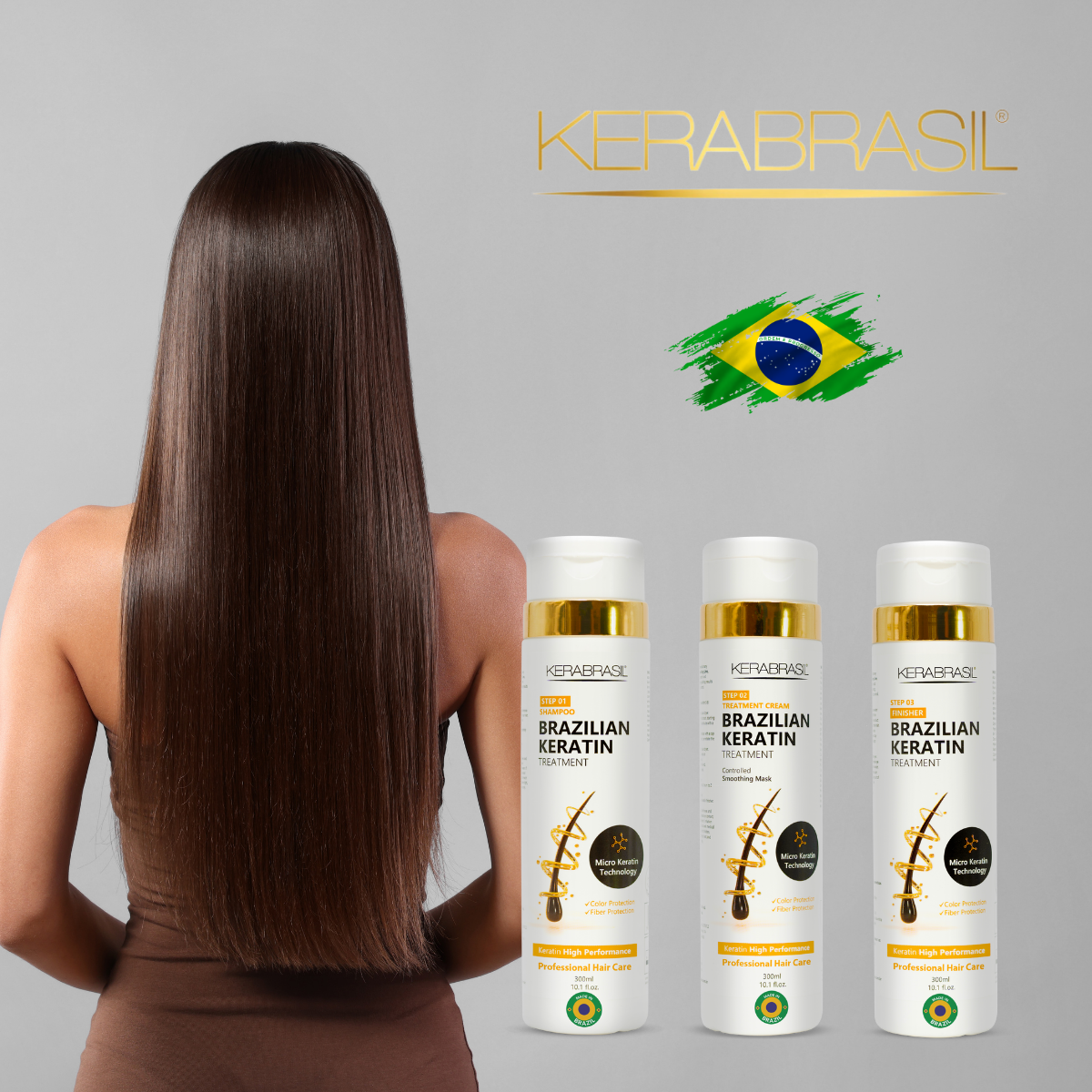 KERABRASIL Brazilian Keratin Hair Care Set - 300ml Shampoo, 300ml Treatment Cream, 300ml Finisher - Complete Smoothing System-KERABRASIL