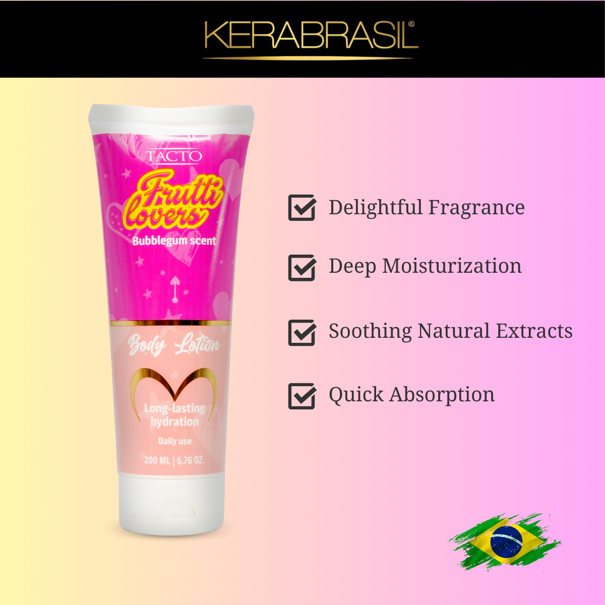 Kerabrasil Frutti Lovers Bubblegum Scented Body Lotion - Deep Hydration, Soft Skin, 6.76 oz-Depilcompany