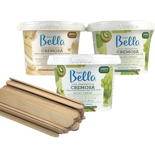 Kit Depil Bella Creamy Hard Wax Microwave 1 White Chocolate 2 Green Fruits - 100 Wooden Spatulas-HARDWAX-DEPILBELLA