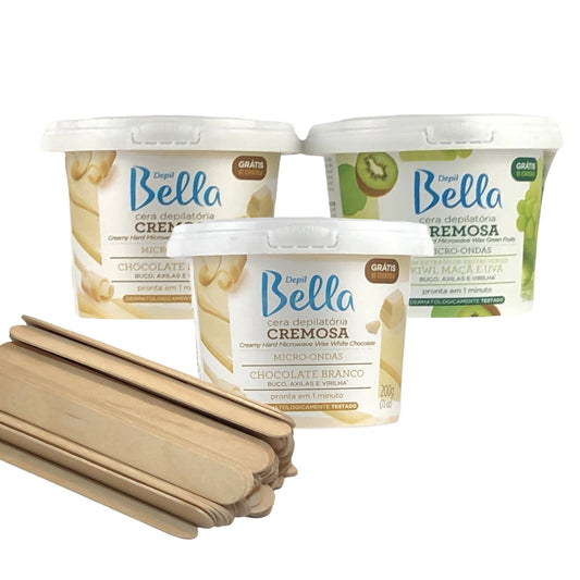 Kit Depil Bella Creamy Hard Wax Microwave - 2 White Chocolate 1 Green Fruits - 100 Wooden Spatulas-HARDWAX-DEPILBELLA