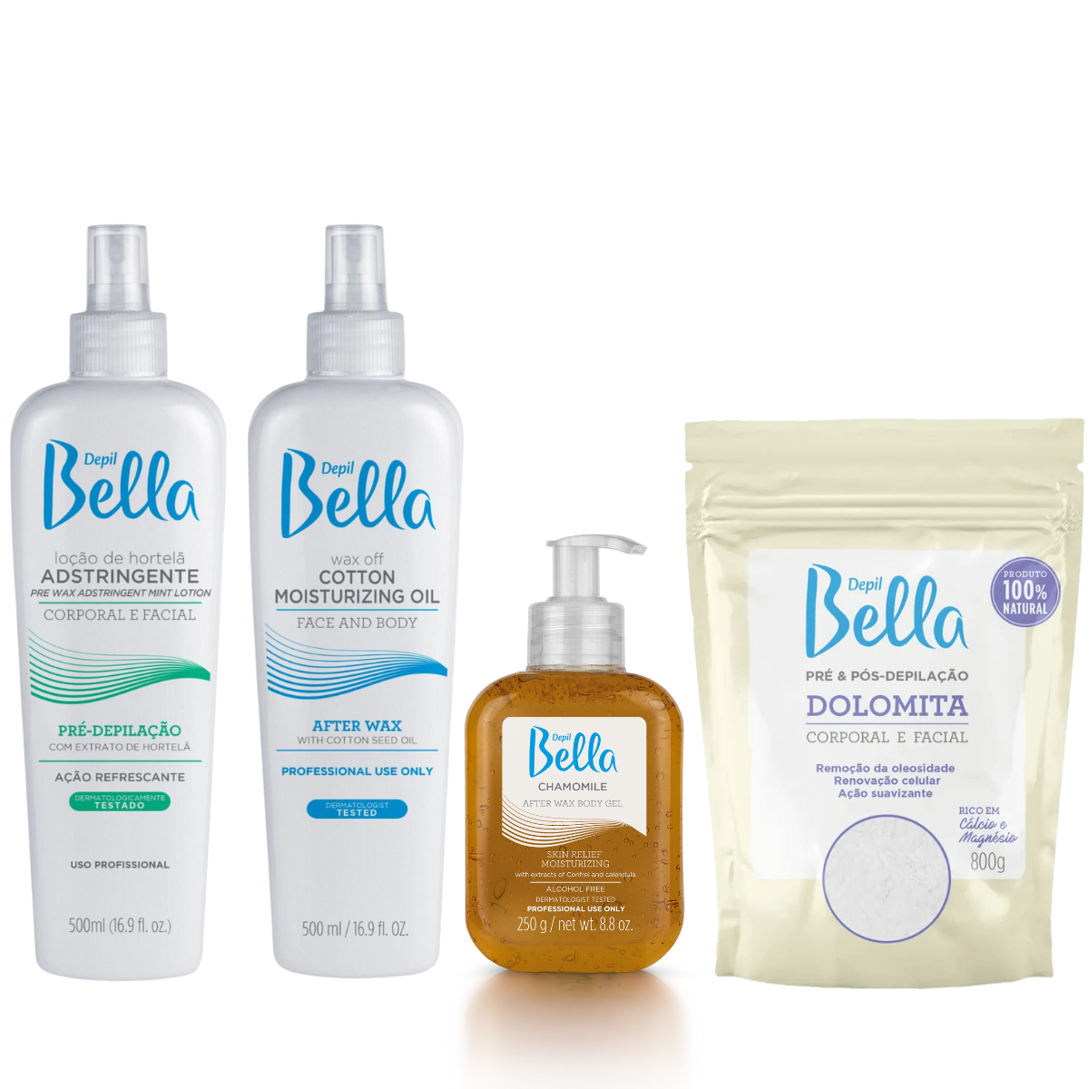 Kit Depil Bella, Yellow - Dolomita, Pre Waxing Astringent Lotion, Post Waxing - Oil Moisturizing Remover, Chamomile Body Gel - Dolomita Powder-LOTIONS-DEPILBELLA