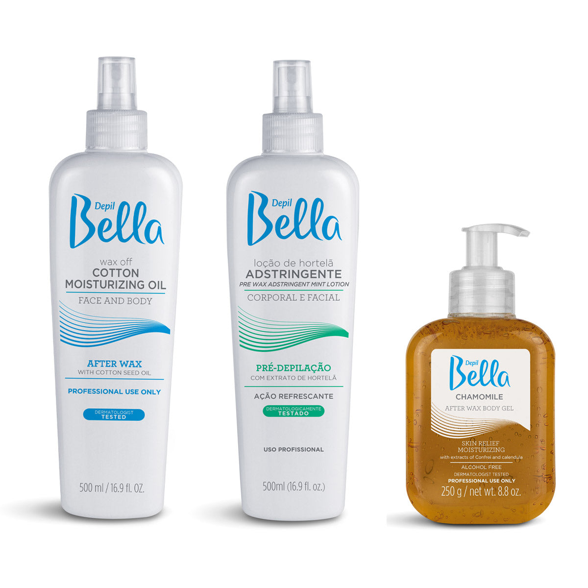 Kit Depil Bella, Yellow Pack, Pre Waxing Astringent Lotion, Post Waxing - Oil Moisturizing Remover, Chamomile Body Gel-LOTIONS-DEPILBELLA