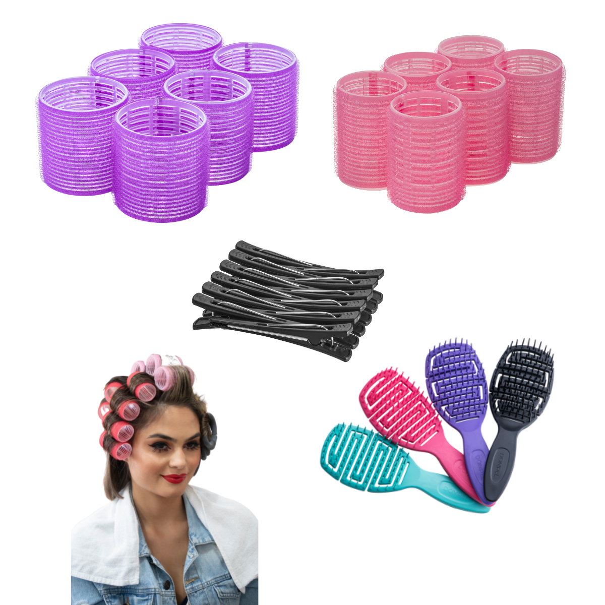 Self Grip Rollers for Hair - Salon Hair Curlers Set for Long, Medium, Short Hair – Big Hair Rollers for Styling and Extra Volume 2 Size (12 Large - 12 Jumbo), 12 Clip and Hair Brush Set (4 pcs)-HAIR STYLIST-DOMPEL