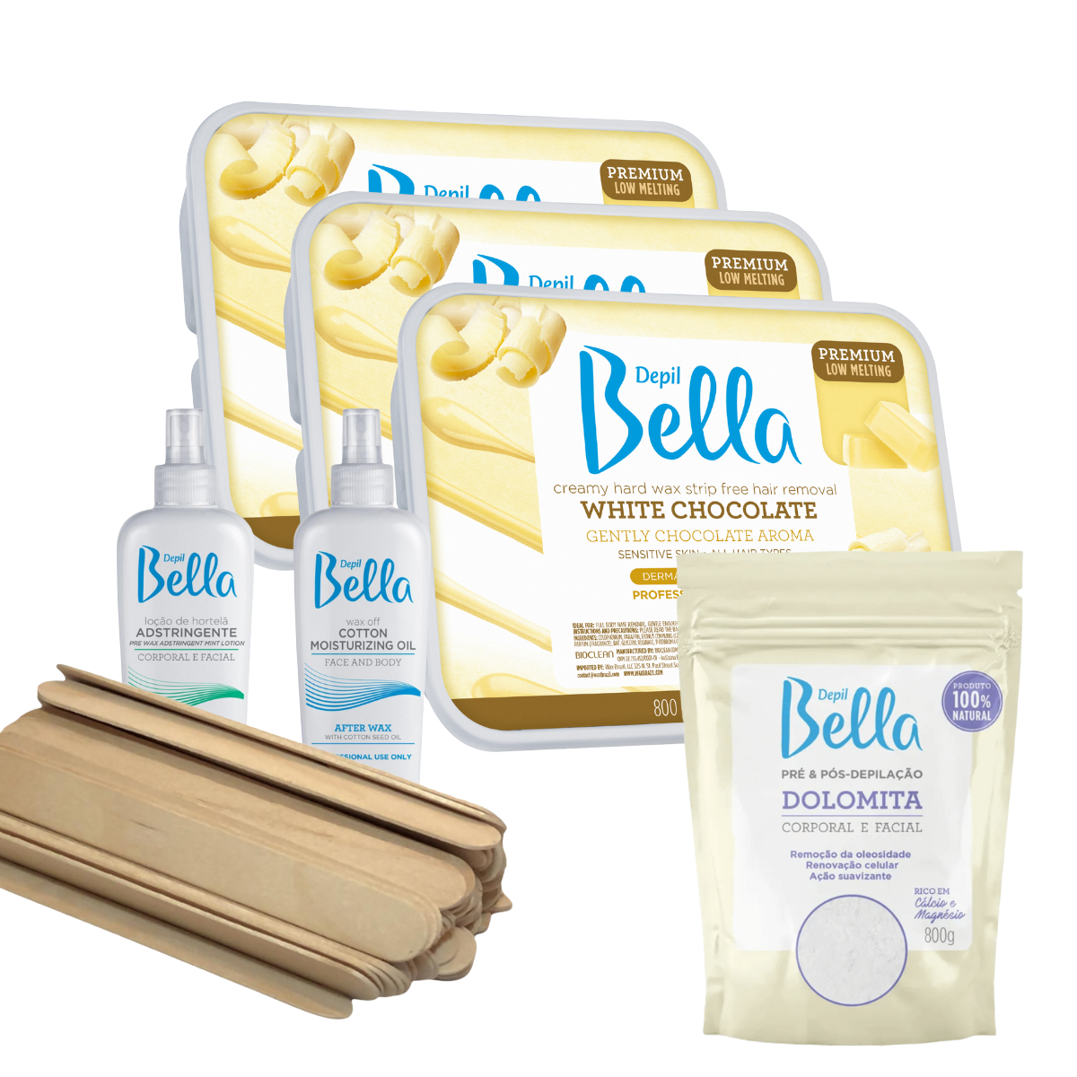 Bundle Depil Bella Hard Wax White Chocolate 28.2 Oz, Pre Waxing, Post Waxing, Dolomita, and Spatulas