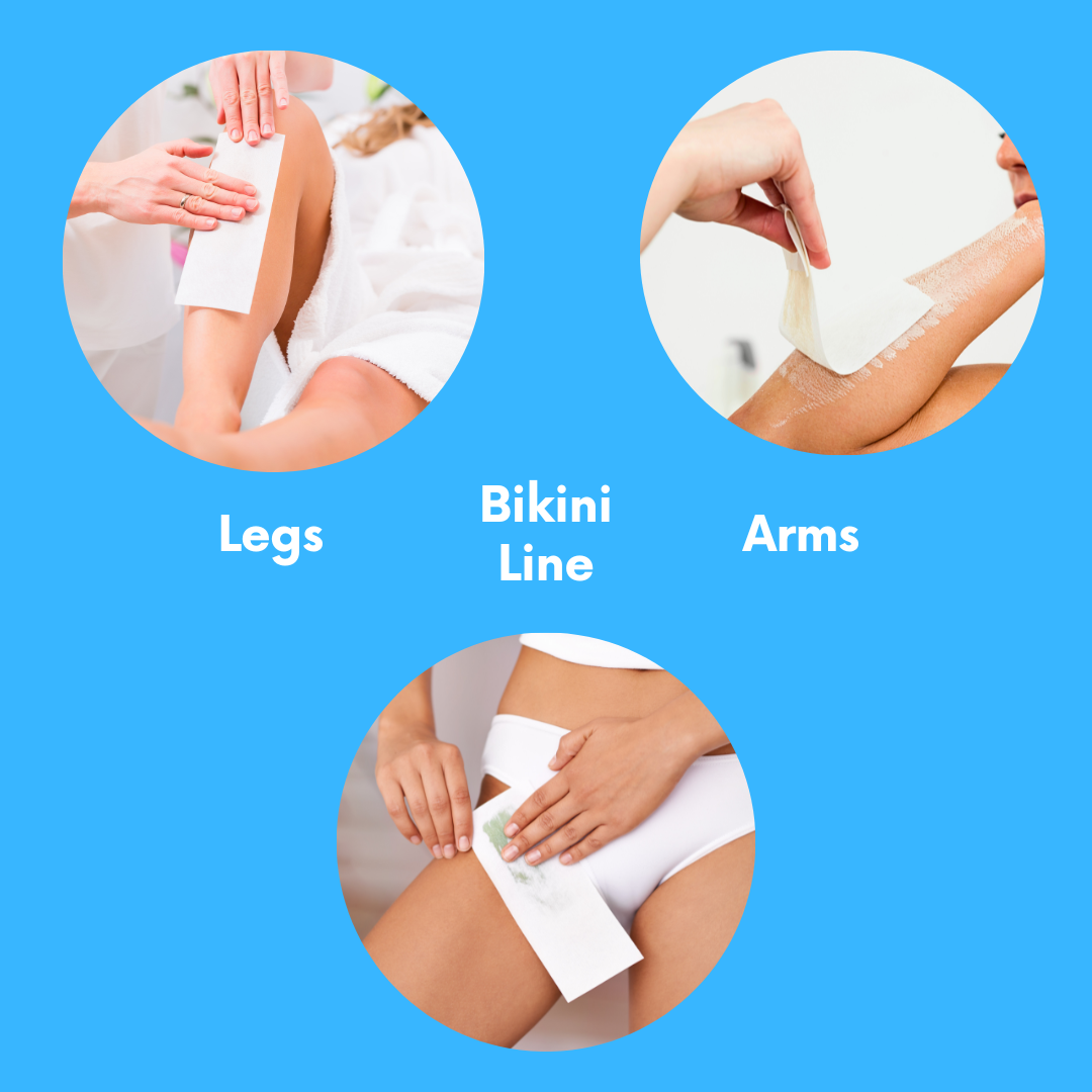 Depil Bella Roll-On Wax application for legs, bikini line, and arms, showing the effective use on different body parts.