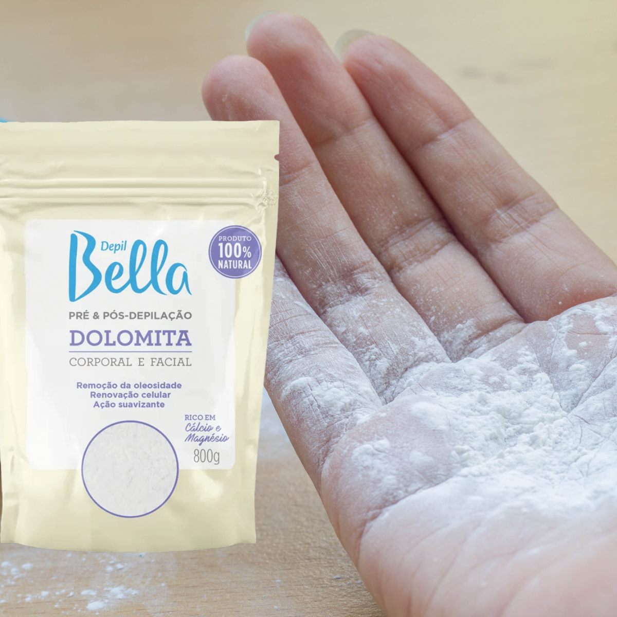 Depil Bella dolomite powder in hand for pre and post waxing