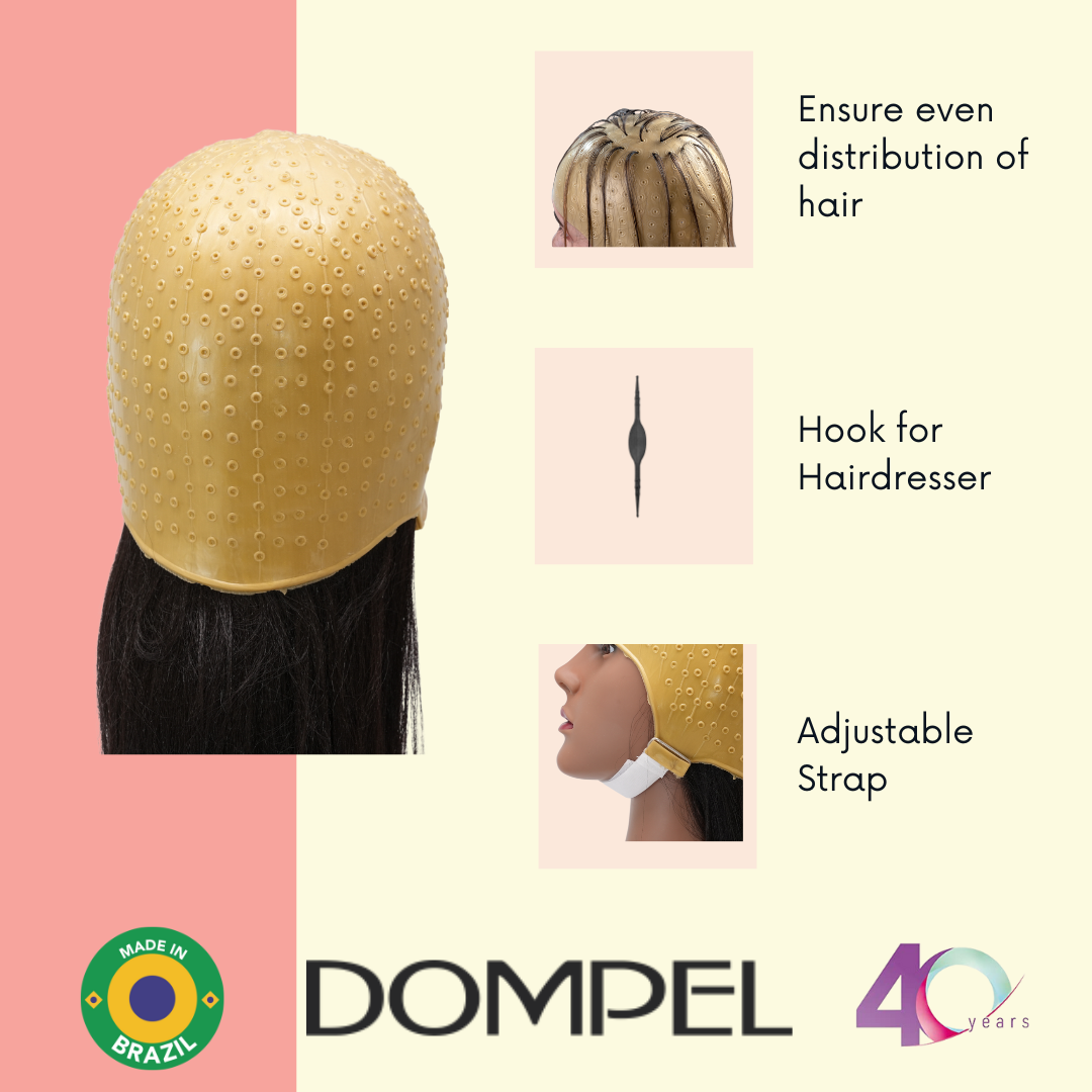 DOMPEL silicone gold cap with features including hook for hairdresser and adjustable strap