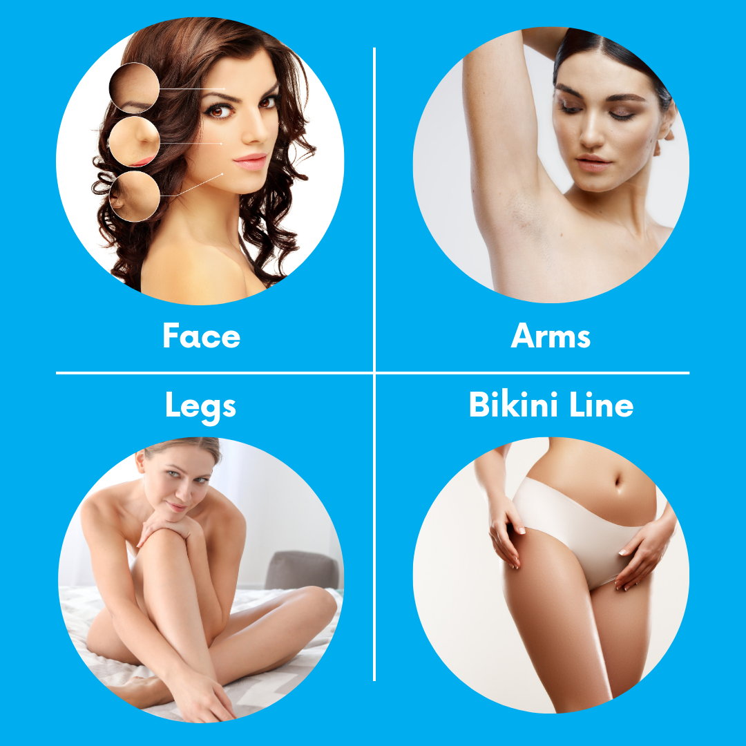 Hair removal areas for face, arms, legs, and bikini line by Depil Bella
