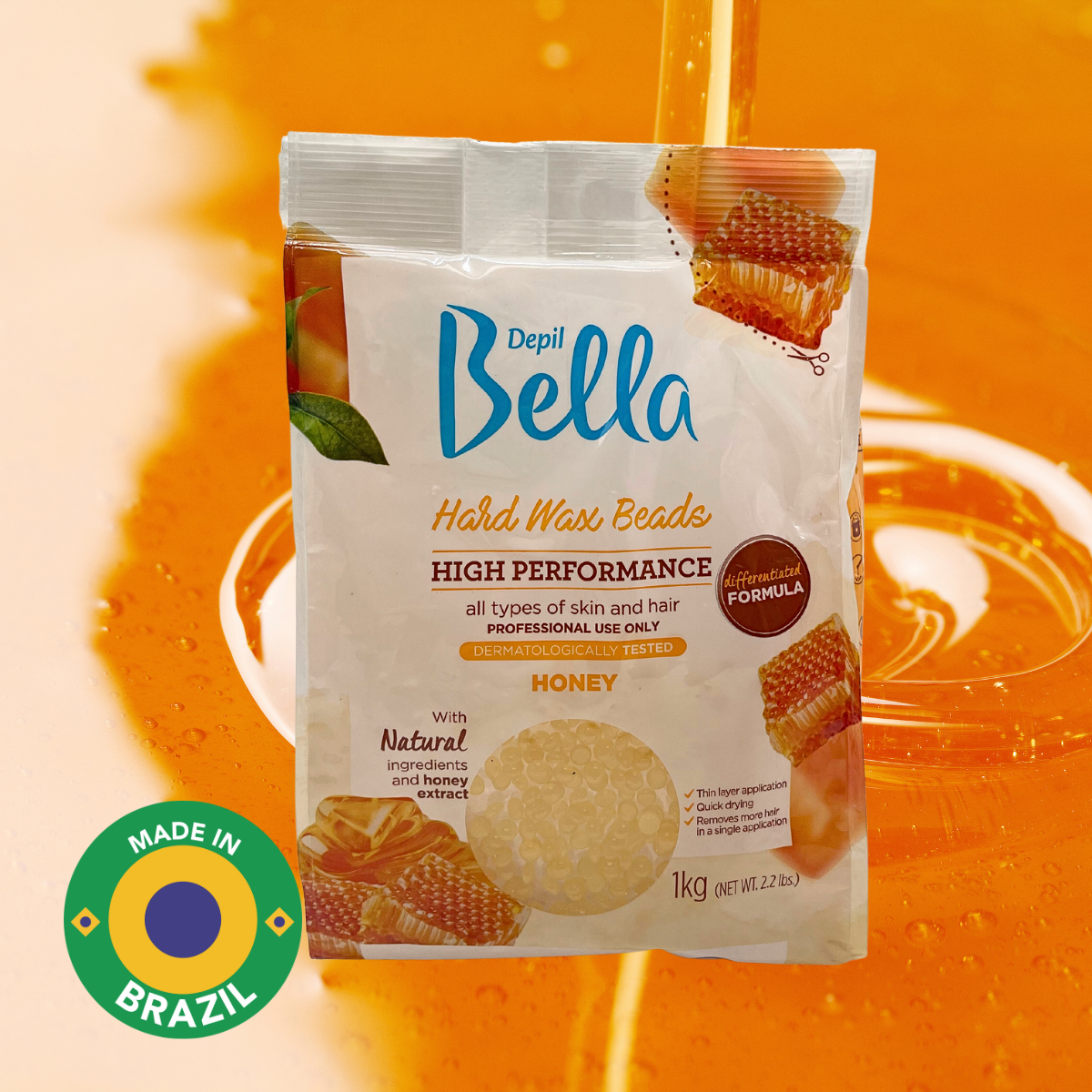 Depil Bella Honey Wax Beads with honey background for professional hair removal.