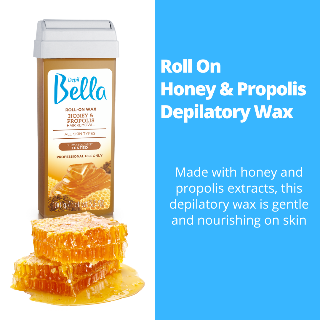 Depil Bella Roll-On Honey & Propolis Depilatory Wax, made with honey and propolis extracts, gentle and nourishing on skin.