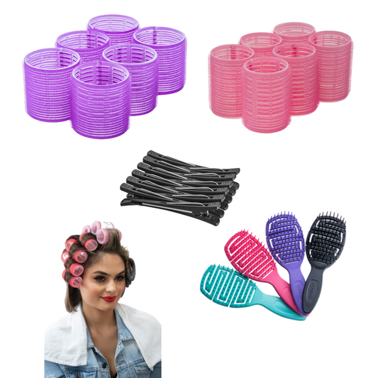 Self Grip Hair Rollers Set in purple and pink for adding volume and curls, suitable for long, medium, and short hair.