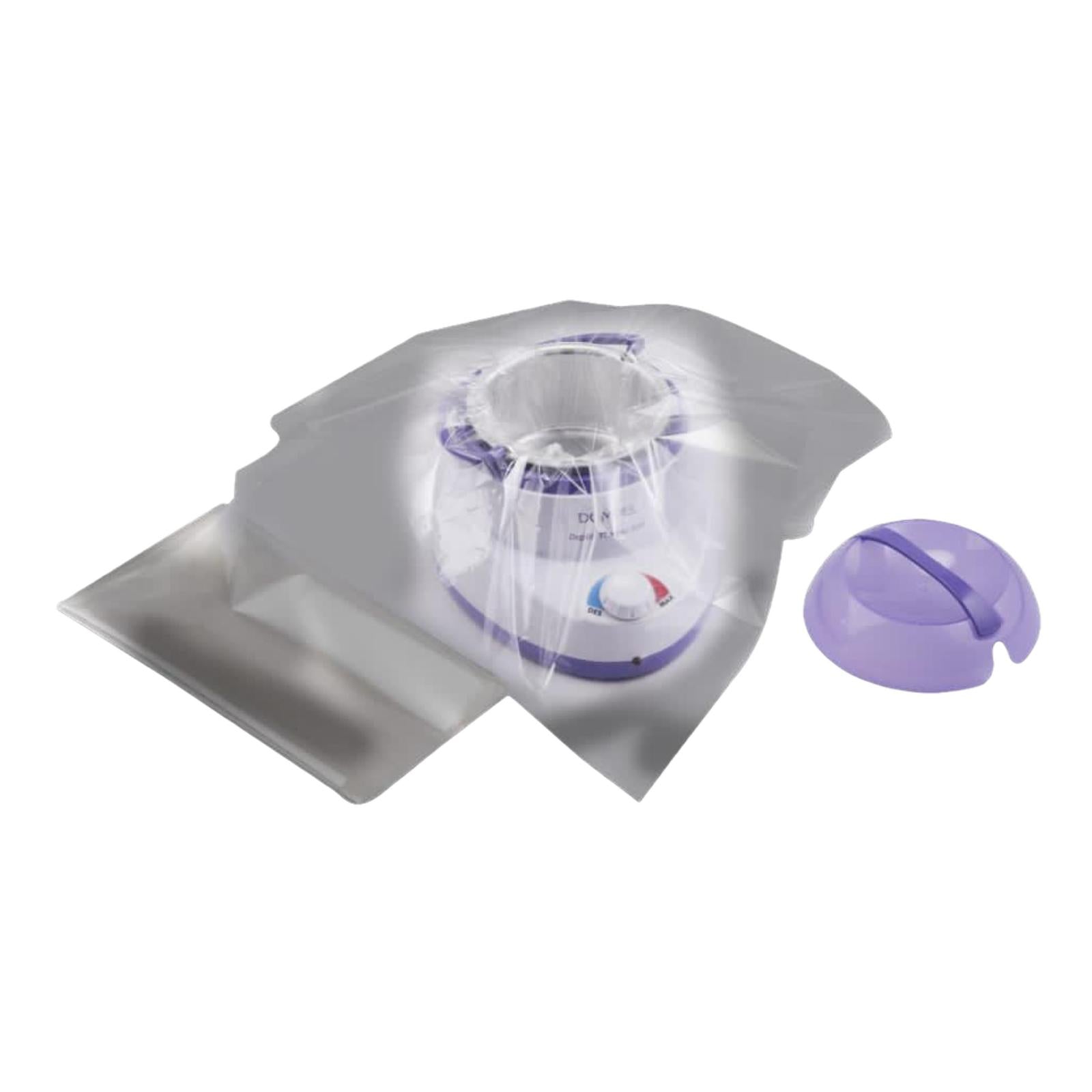 Dompel wax warmer with plastic refill, lid, and additional accessories, showcasing a complete waxing kit